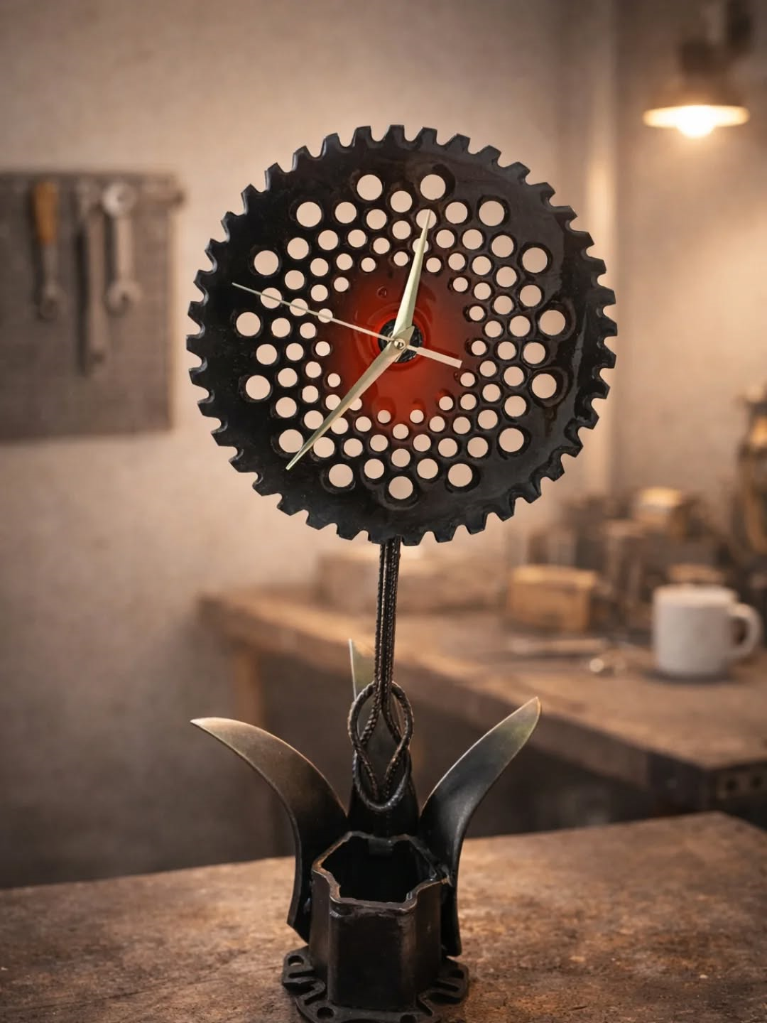 Reloj artesanal estilo industrial de metal reciclado con acabado en resina