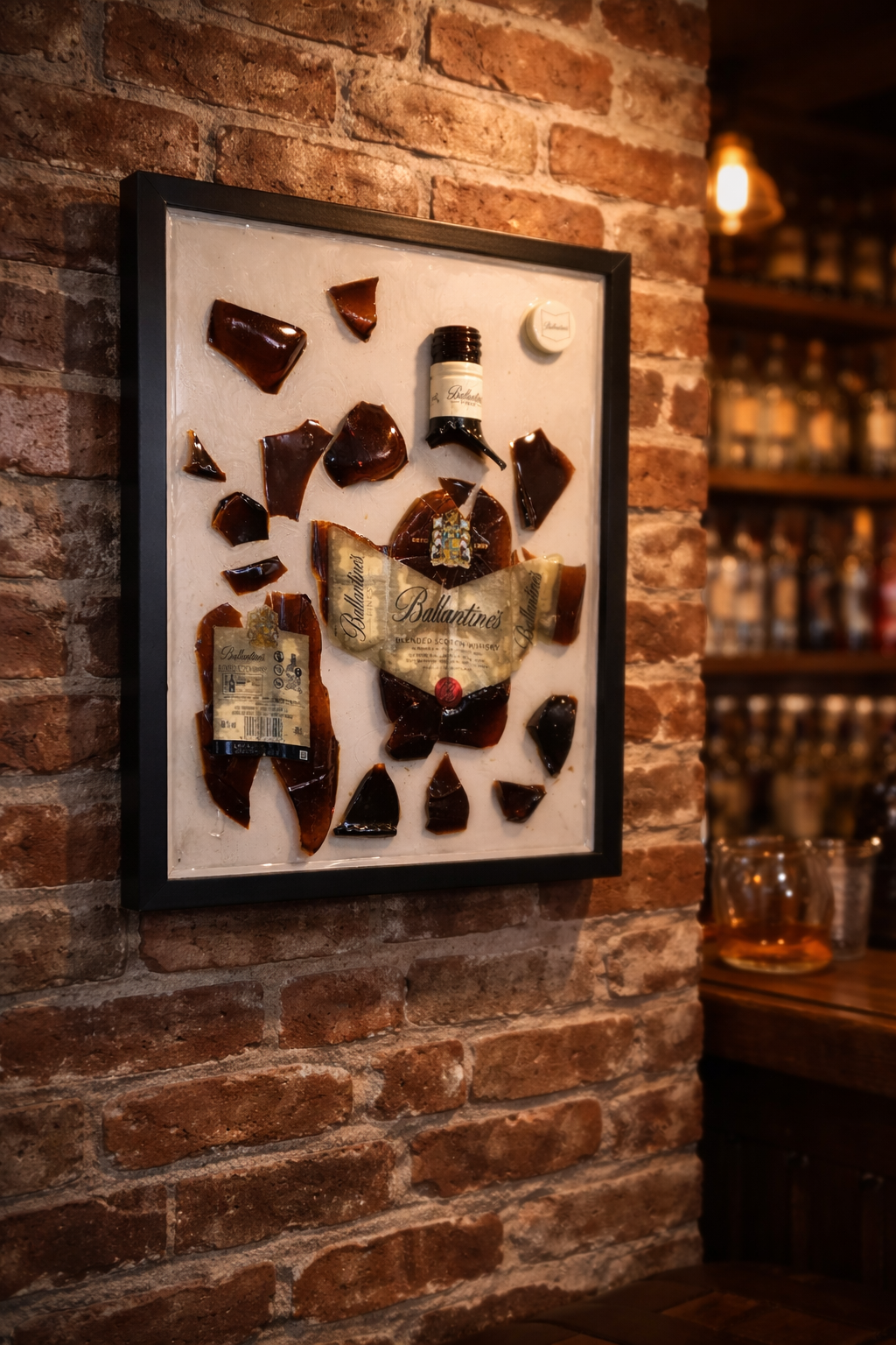 “Cuadro con Botellas Reciclada fragmentada encapsulada en resina”