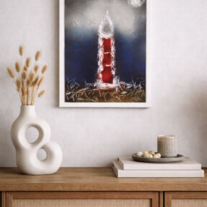 “Faro” Técnica mixta sobre lienzo con clavos reciclados – iluminación a pila integrada.